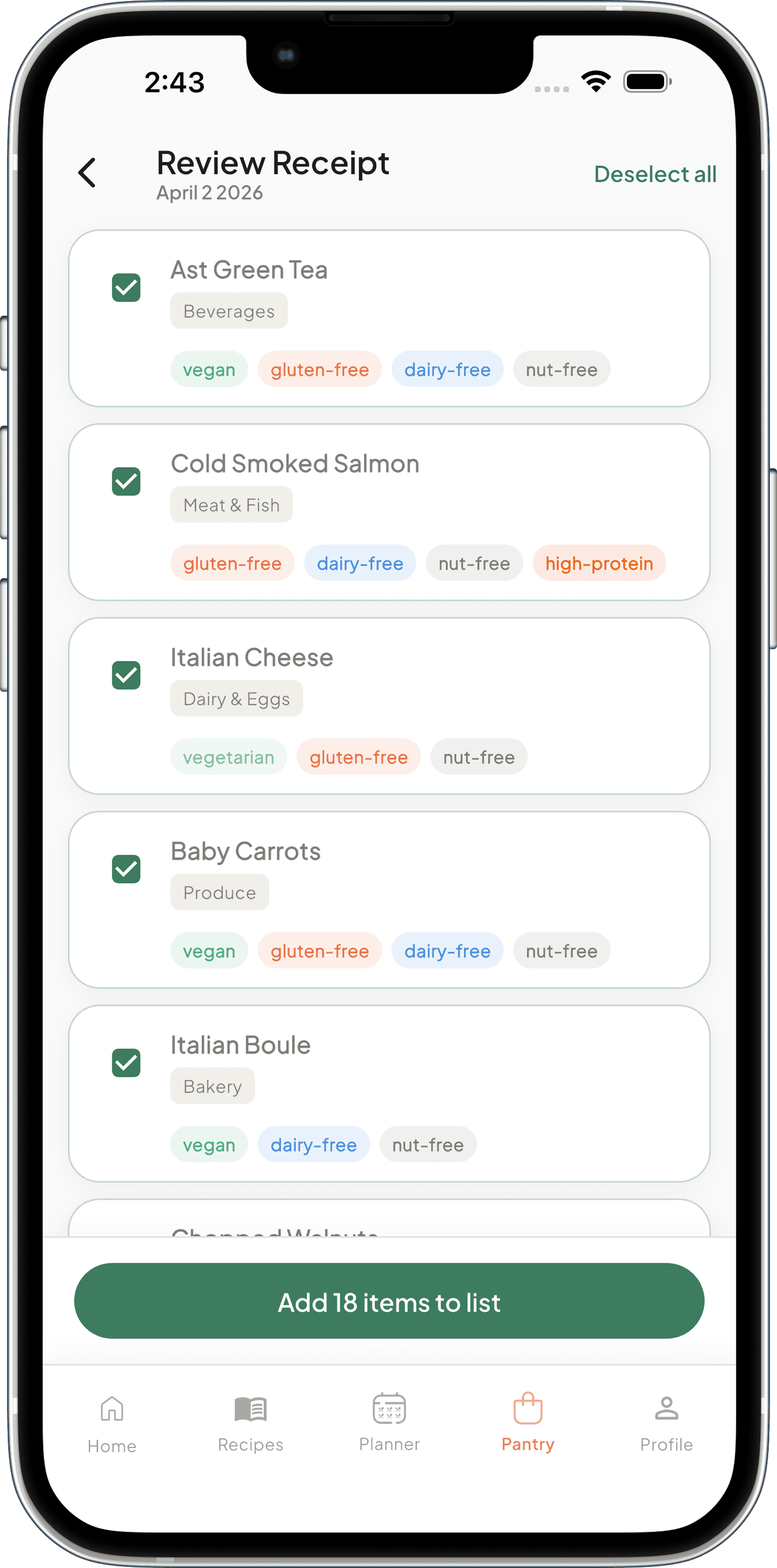Kitchin receipt scanning screen preview